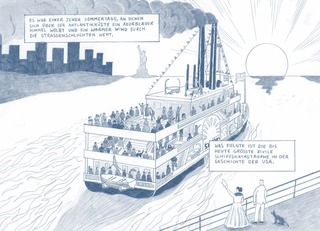 Excerpt of 'Slocum-Schiffbruch auf dem East River' published by avant-verlag. 120 pages. The comic book tells the tragic story of the PS General Slocum, a passenger steamboat that sank in the New York East River.